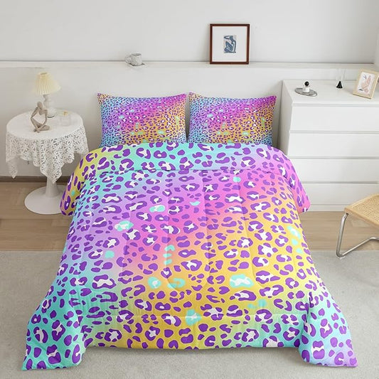 Girls Colorful Leopard Comforter Women Cheetah Print Bedding Set Girly Modern Leopard Print Comforter Set for All Seasons Kids Boys Safari Animal Print Quilt Duvet Set Room Decor Full Size Boys