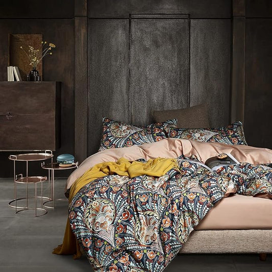 Cupocupa King Duvet Cover Set - 3pc Dark Navy Paisley Boho Bedding - Luxury Art Deco Floral Botanical Print, Soft Microfiber Reversible Quilt Cover with Pillowcases (King, 104"x90")