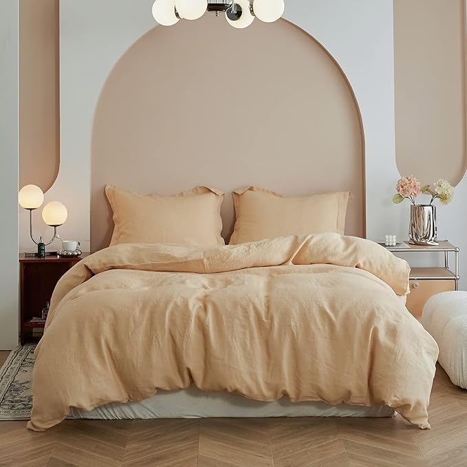 Simple&Opulence 100% Linen Duvet Cover Set, 3 PCS Natural French Flax Sand Duvet Cover King Size, Breathable Soft Comfy Linen Bedding Comforter Cover with 2 Pillowcases(Sand, 104"x92")