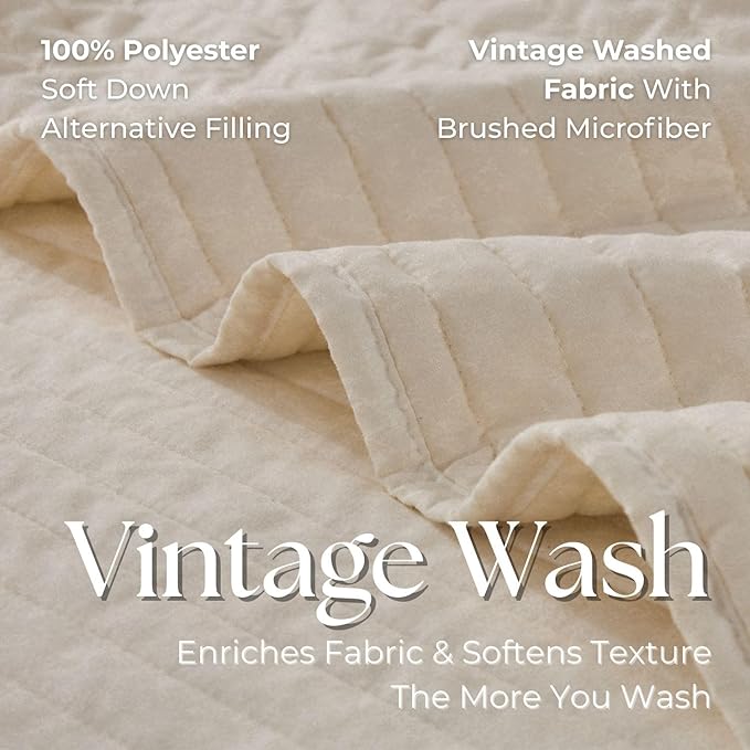 DOWN HOME Queen Quilt Bedding Set with Shams, Vintage Washed Soft Quilted Blanket Thin Comforter Lightweight Bedspread Coverlet Bed Cover, Brushed Microfiber Stripe Stitching, Linen White, 86"x90"