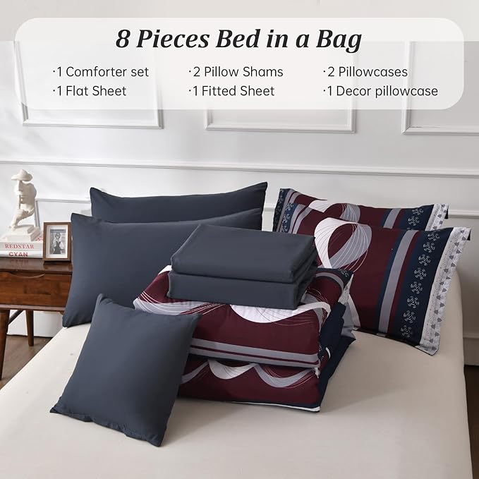 Anibedding Striped Comforter Set Queen Size,8 Pieces Bed in a Bag Blue Red Patchwork Bedding Sets,Boho Soft Microfiber Bedding Set for All Season(90"×90")