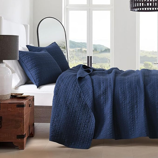 HORIMOTE HOME Quilt Set Twin Size Navy Blue, Classic Geometric Spots Stitched Pattern, Pre-Washed Microfiber Chic Rustic Look, Ultra Soft Lightweight Quilted Bedspread for All Season, 2 Pieces