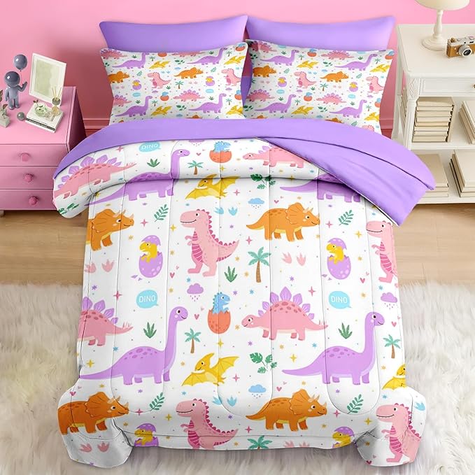 Comforter Set Queen Size, Cute Dinosaur 7 Pcs Purple Bedding for Kids and Adults, Rainbow Happy Bed Sheet Sets with Fitted Sheet 2 Pillowcase & 2 Sham for Bedroom Bed Decor