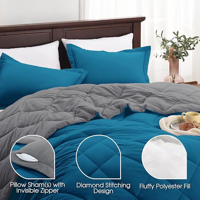 Basic Beyond King Size Comforter Set - Blue Comforter Set King, Reversible King Bed Comforter Set for All Seasons, Algiers Blue/Charcoal