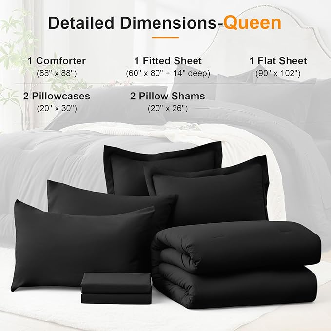 Queen Comforter Set 7 Piece - Black Soft Bed in a Bag Queen Size Comforter Sets, Cozy Luxury Bedding Sets with Down Alternative Comforter, Flat Sheet, Fitted Sheet, 2 Pillowcases & 2 Shams