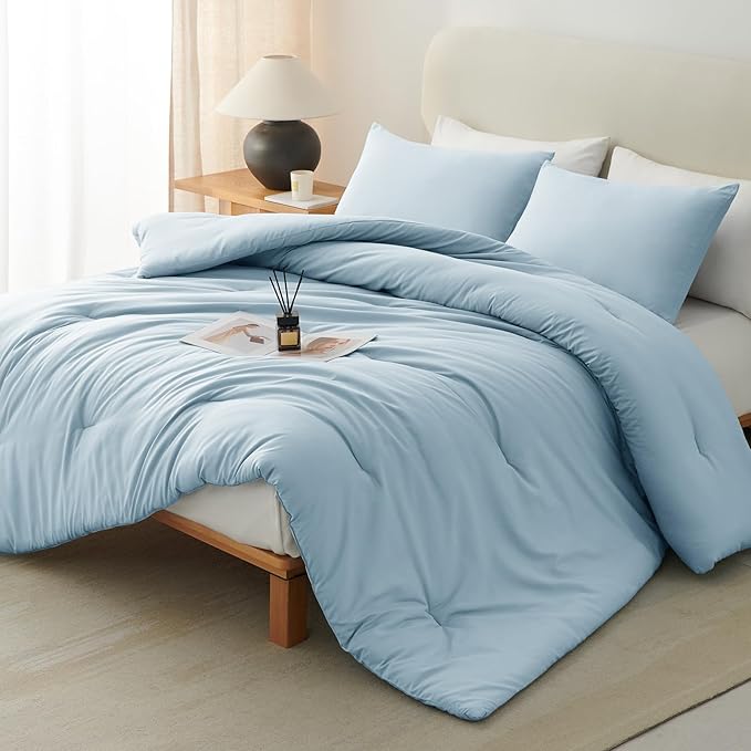 CozyLux King Size Comforter Set Light Blue, 3 Pieces Solid Comforters King Size Breathable Quilted Bedding Sets, Luxury Soft Bed Set with Down Alternative Comforter (1 Comforter & 2 Pillowcases)