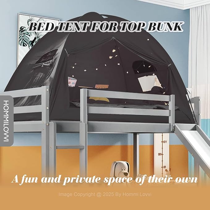 Twin Bed Tent for Boys, Indoor Blackout Sleeping Tent with Dreamy Canopy, Breathable Privacy Bunk Beds, Ideal for Drafty Rooms or Cottage-Style Spaces, Black