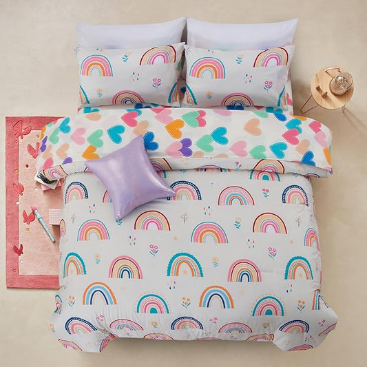 A Nice Night Rainbow Kids Comforter Set for Girls, Twin Size 6 Piece Bed in a Bag Soft Polyester Bedding Set with Floral, Grass & Rainbows Design