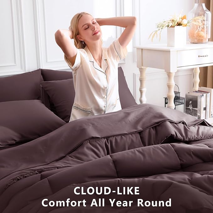 CozyLux Full Size Comforter Set Cocoa Powder, 7 Pieces Bed in a Bag, Cocoa Powder Comforter Full Size, All Season Bedding Sets with Stitch Quilted Comforter, Flat Sheet, Fitted Sheet, Pillowcases
