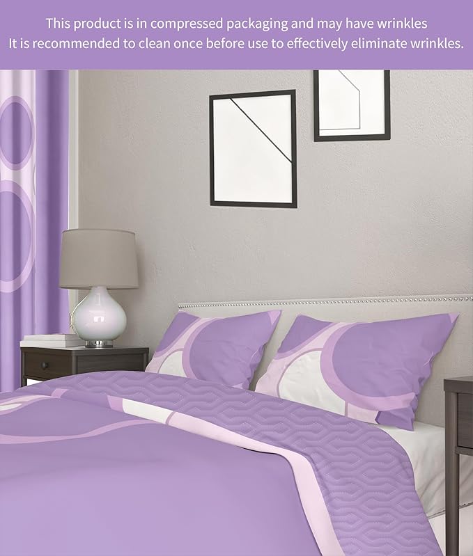 Matching Curtains and Bedding Sets, 1 Bedspread (91"x100") 2 Pillowcases 2 Print 4 Solid Curtains, Purple Dot Microfiber King Bed Cover Set, Wrinkle-Resistant & Easy Care