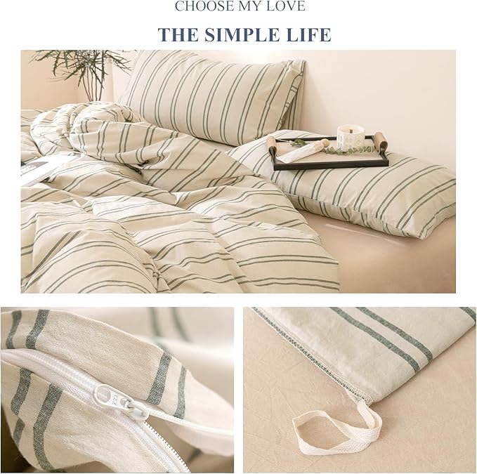 VM VOUGEMARKET 100% Washed Cotton Striped Duvet Cover Sets King,Beige Duvet Cover with Gray Stripes Pattern Printed Comforter Cover with Zipper Closure & Corner Ties(3pcs,King Size)