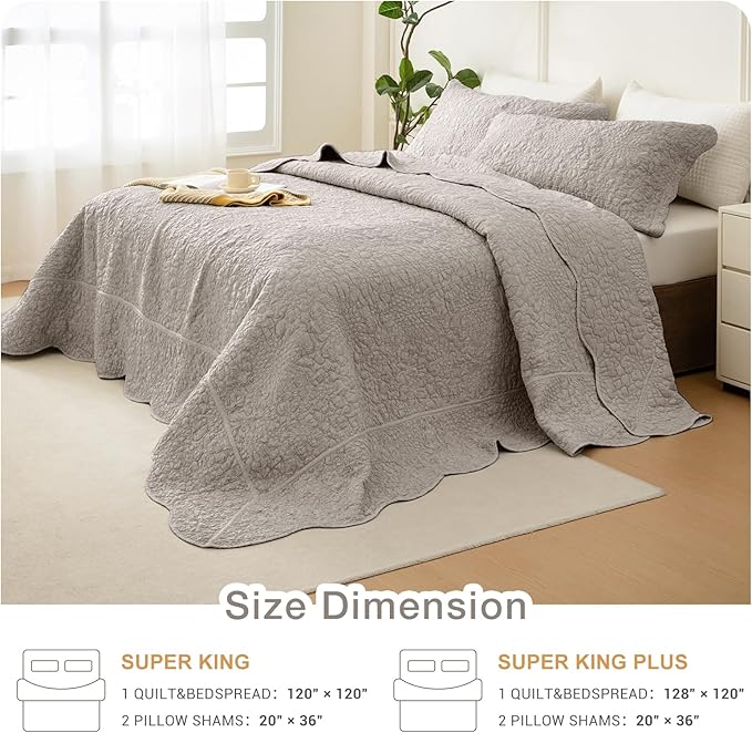 Masaca Oversized King Bedspread 128x120,Linen Colored Crinkled Oversized King Quilt 3Pcs Soft Lightweight Farmhouse Shabby Boho Stone-Washed Scallop Extra Large Quilt Coverlet Bedding Set
