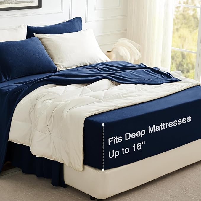 Love's cabin Fleece Queen Sheet Set - 4 Pcs Dark Blue Winter Soft Plush Polar Fleece Bed Sheets Set with 16" Deep Pocket,Cozy Warmth for Cold Season(1 Flat Sheet,1 Fitted Sheet,2 Pillow Cases)