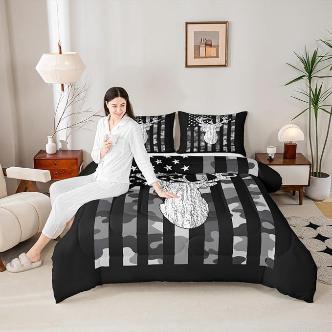 American Flag Bedding Set Deer Camo Comforter Set Queen For Kids Boys Teen Man,Western Rustic Black Grey Military Camouflage Bedding Comforters Hunting Deer Antlers Quilt Duvet For All Season 3 Pcs