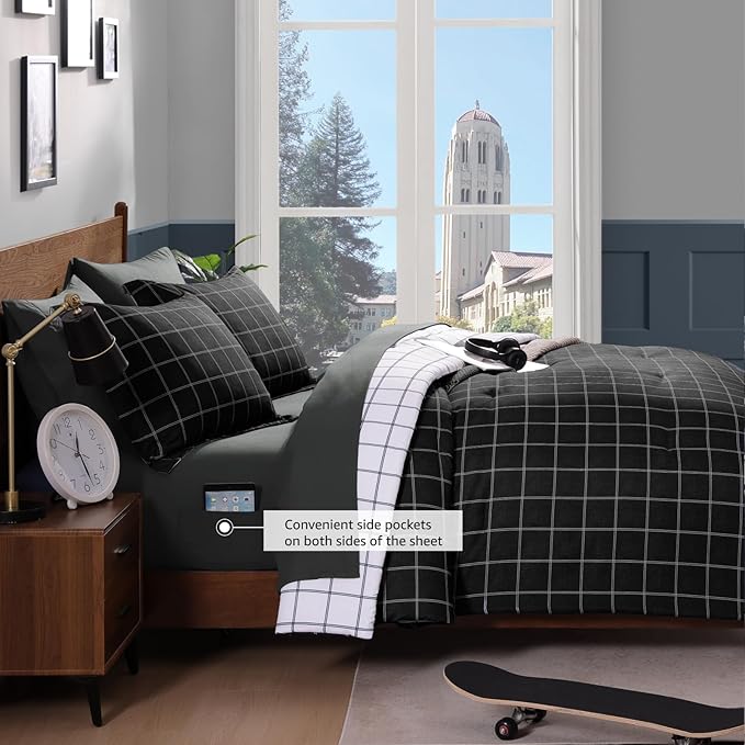 Plaid Full Comforter Set Black, Reversible Checkered Bedding Set 7 Pieces for Boys Girls Teen, Lightweight Bed in a Bag for Dorm with Sheets, Pillowcases & Shams