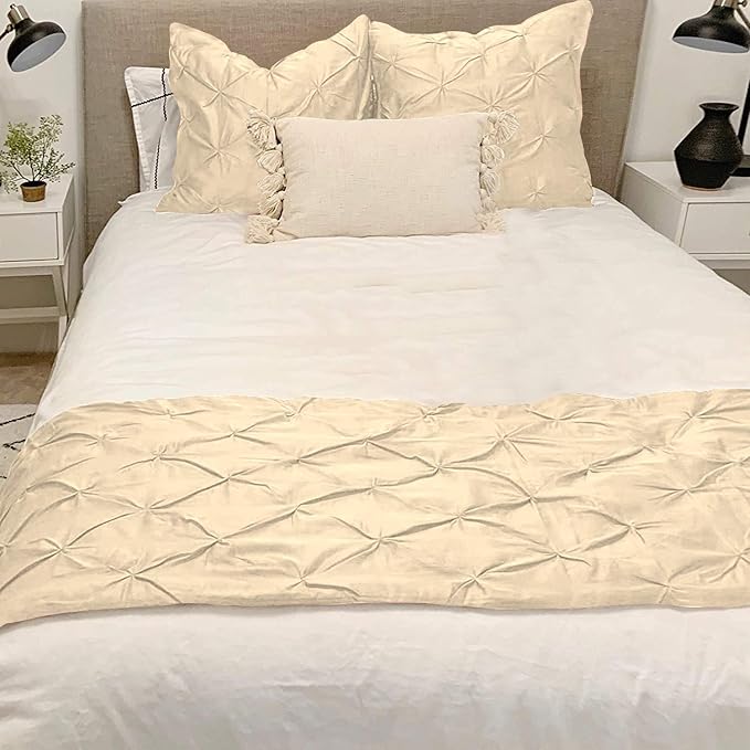 Bed Runner Set - 100% Pure Cotton 800 Thread Count - Luxury 1 Pinch Pleated Bed Runner and 4 Pillow Cover - 5 Piece Pinch Pleated Bed Runner Set Twin, Ivory