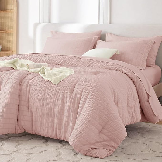 MUXHOMO 7 Pieces Full Comforter Set, Seersucker Bed in a Bag Full Size, All Season Luxury Bedding Set with Comforter, Flat Sheet, Fitted Sheet, Pillowcases & Shams, Rose Gold