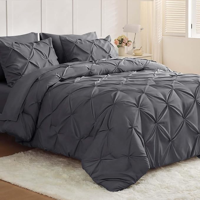 JOLLYVOGUE King Size Comforter Set 7 Pieces - Bed in a Bag King for All Season, Pintuck Bedding Comforter Sets with Comforter, Flat Sheet, Fitted Sheet and Pillowcases & Shams, Grey