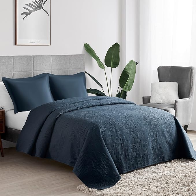 Hansleep Quilt Set Ultrasonic Lightweight Bed Decor Coverlet Set Comforter Bedding Cover Bedspread for All Season Use (Navy Blue, Full/Queen 90x96 inches)