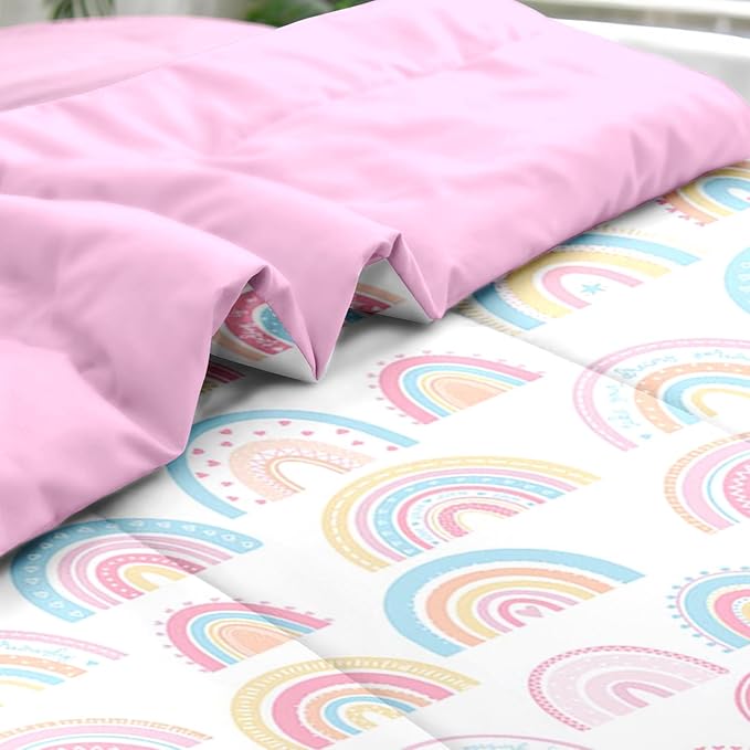 Comforter Set Twin Size, Cute Cartoon Rainbow 5 Pcs Bedding for Kids and Adults, Pink Boho Nursery Bed Sheet Sets with Fitted Sheet Pillowcase & Sham for Bedroom Bed Decor