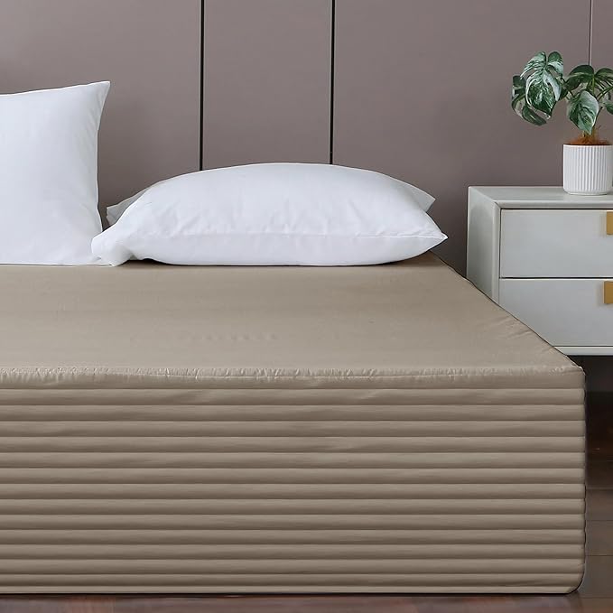 Full Bed Skirt-Box Spring Cover with 14 Inch Tailored Drop,Wrinkle and Fade Resistant Hotel Wrap Around Bed Skirts,Bed Frame Cover (Horizontal Stripe Light Khaki, Full)