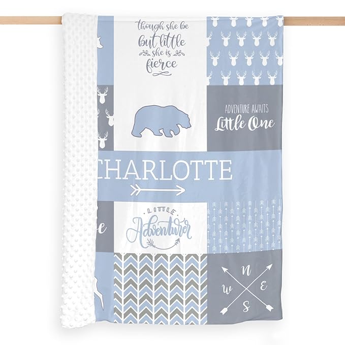 Personalized Baby Blankets for Girls, Baby Blanket for Girls with Name, Soft Plush Receiving for Newborns - Essential Baby Items, Woodland Bear, Ashley Blue, 35x45 Inches