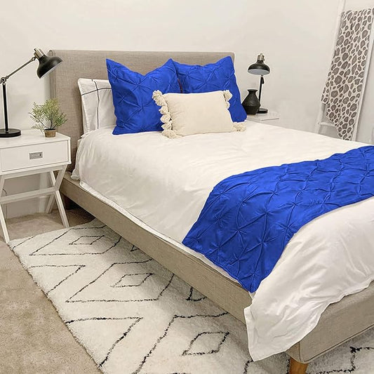 Bed Runner Set - 100% Pure Cotton 800 Thread Count - Luxury 1 Pinch Pleated Bed Runner and 2 Pillow Cover - 3 Piece Pinch Pleated Bed Runner Set California King, Royal Blue