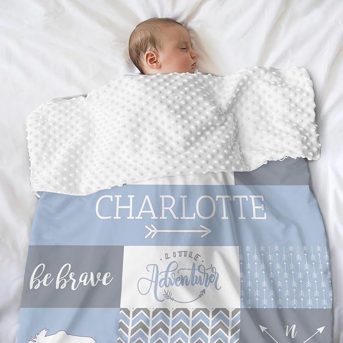 Personalized Baby Blankets for Girls, Baby Blanket for Girls with Name, Soft Plush Receiving for Newborns - Essential Baby Items, Woodland Bear, Ashley Blue, 35x45 Inches