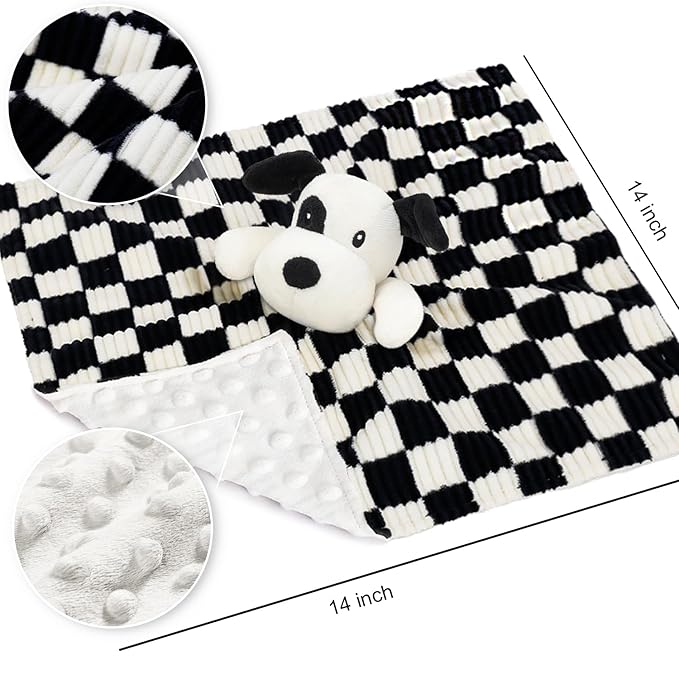Baby Security Blanket for Boys Girls, High Contrast Super Soft 3D Checkerboard Gingham with Minky Dot Fabric Backing Snuggle Stuffed Animal Blankie Puppy Lovely Black 14 Inch