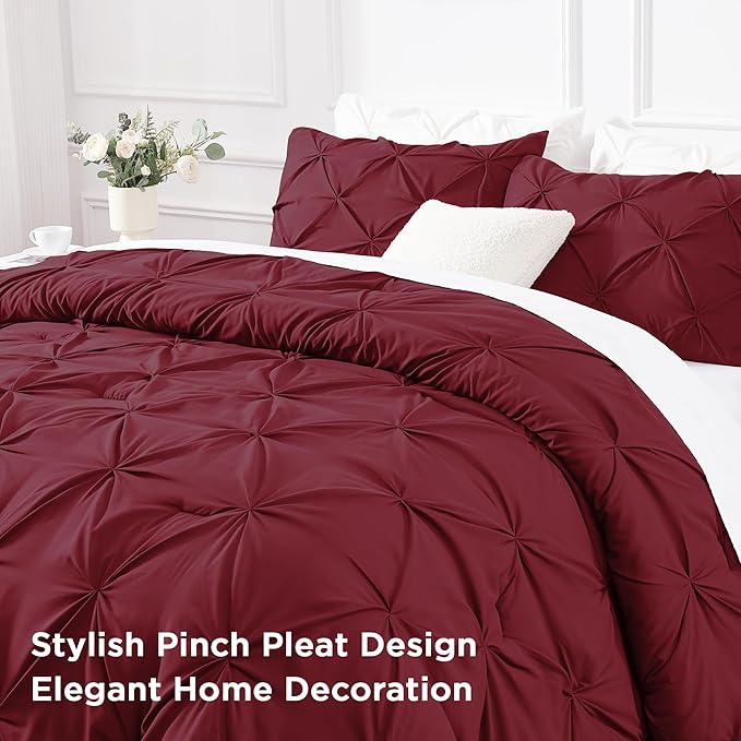 Andency Burgundy Comforter Set King(104x90Inch), 3 Pieces(1 Pinch Pleat Comforter and 2 Pillowcases) All-Season Pintuck Comforter Set, Soft Lightweight Microfiber Bedding Set