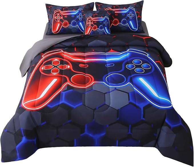 JQinHome Queen Gaming Bedding Set 6-Piece Comforter for Kids Teens - 3D Video Game Console Print Bed in a Bag with Ultra-Soft Fluffy Sheets, Red-Blue Unisex Design (Queen)