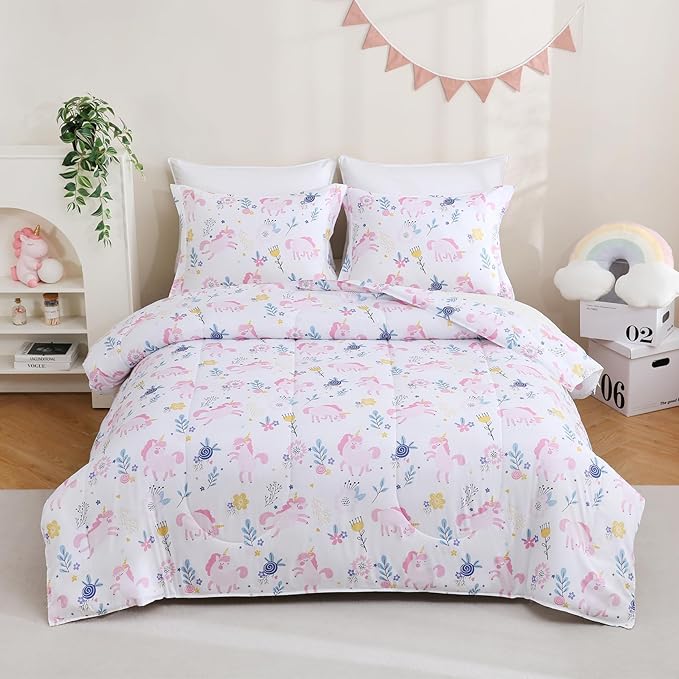 Yibeizi Pink Unicorn Comforter Set for Girls Twin, Kids Boho Floral Printed Bedding Set with Pillow Sham, Cute Lightweight Soft Breathable Machine Washable Quilted Bed Comforter Set 2 Piece