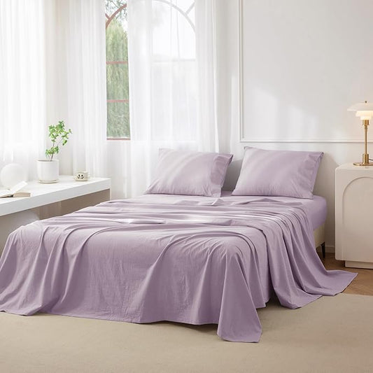 JIYUAN 100% Washed Cotton Sheet Set 3 Pieces Twin,1 Fitted Sheet,1 Flat Sheet and 1 Pillowcase, Comfy and Breathable Linen Like Bedding Set,Heathered Light Purple