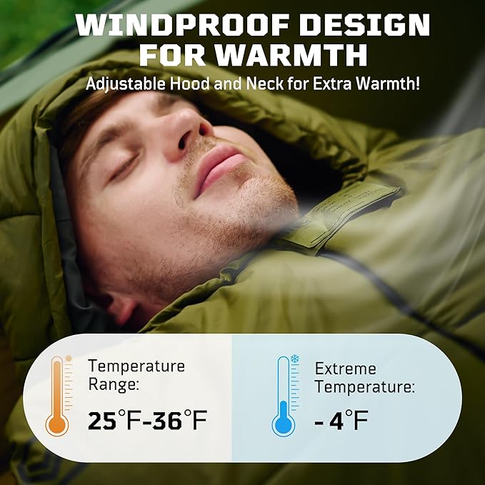 Sleeping Bag for Adults, 25-36℉Cold Weather Mummy Sleeping Bag, Lightweight 3–4 Season Winter Sleeping Bag with Adjustable Hood, Phone Pocket & Compression Sack for Camping Hiking Backpacking