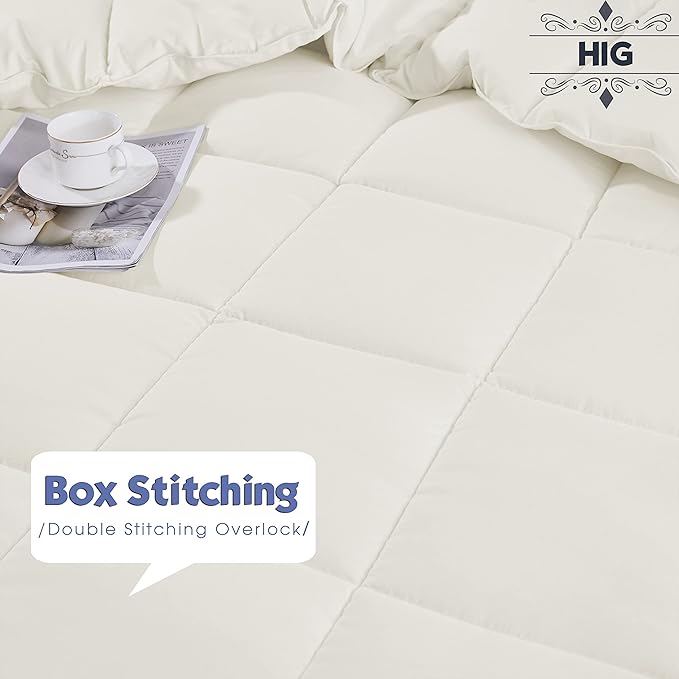 HIG 3pc Down Alternative Comforter Set - All Season Reversible Comforter with Two Shams - Quilted Duvet Insert with Corner Tabs - Box Stitched - Super Soft, Fluffy (Full/Queen, Ivory)