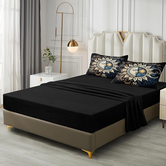 Sun and Moon Comforter Set Black Boho Bedding Set Celestial Galaxy Starry Space Bedding Comforter Mandala Exotic Black Bed in A Bag Queen Size