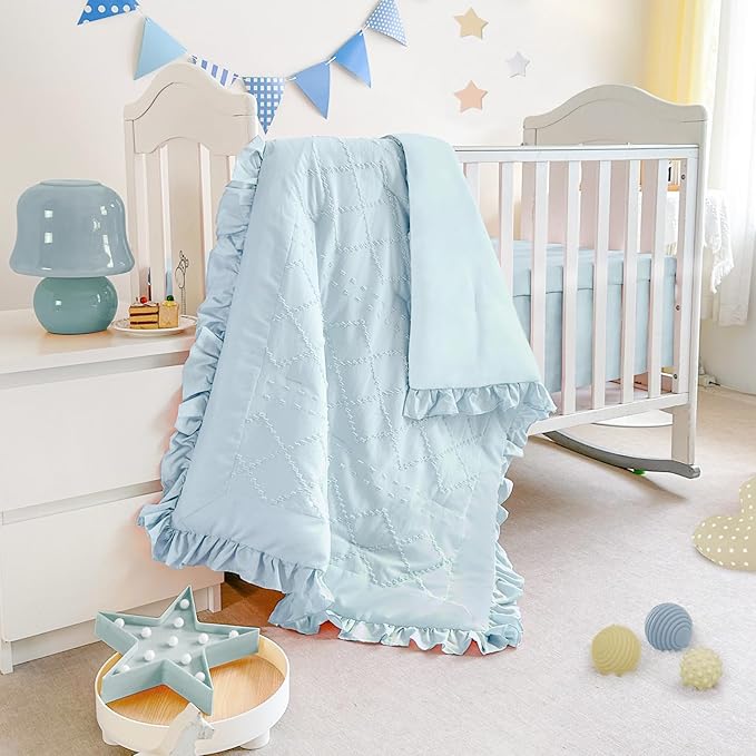 Wowelife Baby Crib Bedding Set for Girls, 3 Piece Boho Crib Comforter Set Ruffle, Baby Boy Crib Bedding Set Nursery Blanket Set Neutral Include Quilted Comforter, Crib Skirt and Sheet, Blue