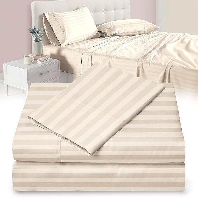 Twin XL 100% Microfiber Double Brushed Sheet Set - Extra-Soft & Wrinkle-Free - 15" Deep Pockets, 39" x 80" - Ideal for Dorms, Hospitals & Split King Beds - 3 PC Set (Twin XL, Damask Ivory Stripe)