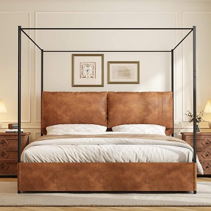 Modern Canopy Bed Frame with Upholstered Faux Leather Headboard – Tall Four Poster Metal Platform Bed, No Box Spring Needed, King Size, Brown and Black