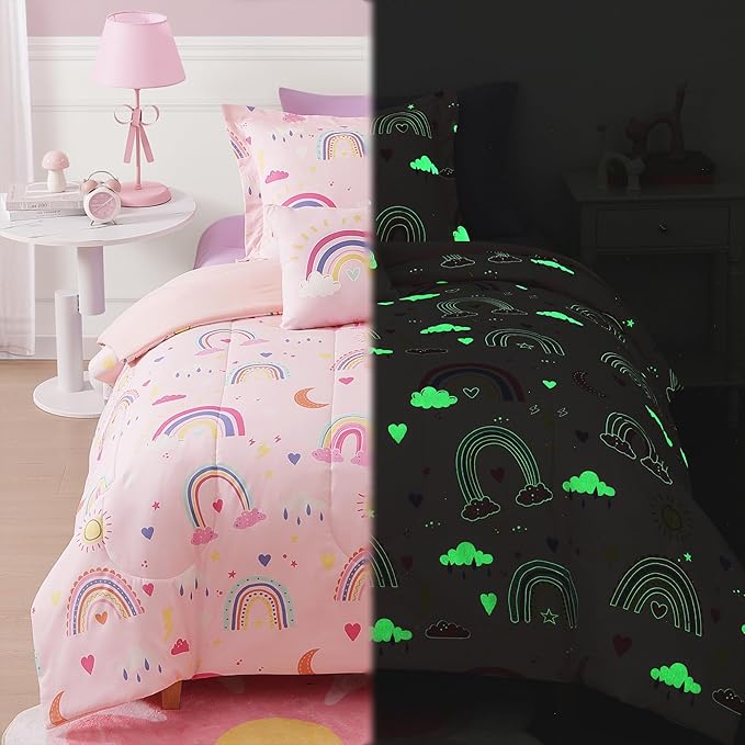 Full Size Comforter Set for Girls-4 Pieces Pink Rainbow Glow in The Dark Full Bedding Sets for Kids, 1 Comforter, 2 Shams and 1 Decor Pillow