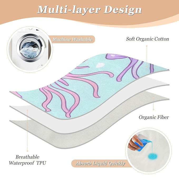 Waterproof Bed Pad Reusable Changing Pad Toddler Mattress Protector Large Pee Pad Baby Diaper Pad Soft Washable Liner Green Jellyfish Shell