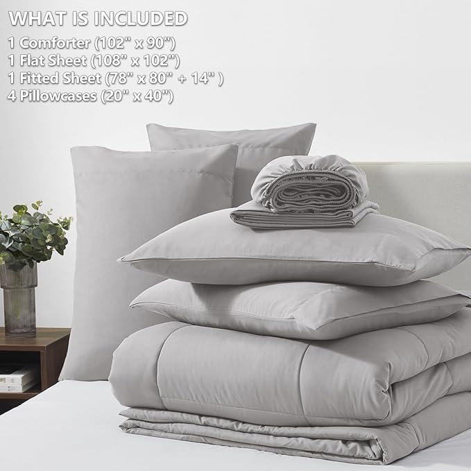 CozyLux King Size Comforter Set French Grey, 7 Pieces Bed in a Bag, Grey Comforter King Size, All Season Bedding Sets with Stitch Quilted Comforter, Flat Sheet, Fitted Sheet, Pillowcases