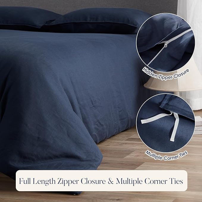 DAPU 100% Linen Duvet Cover Set - Pure Natural French Flax Linen with Corner Ties and Zipper Closure Soft Breathable Durable for Hot Sleepers 1 Duvet Cover 2 Pillowcases (Navy Blue, Full/Queen)