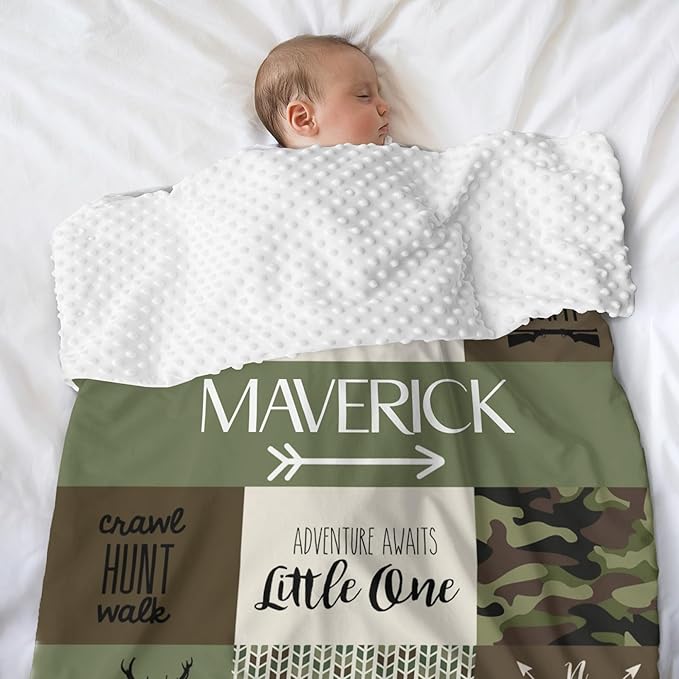 Personalized Baby Blankets for Boys, Baby Blanket for Boys with Name, Soft Plush Receiving for Newborns - Essential Baby Items, Camo Woodland Bear 35x45 Inches