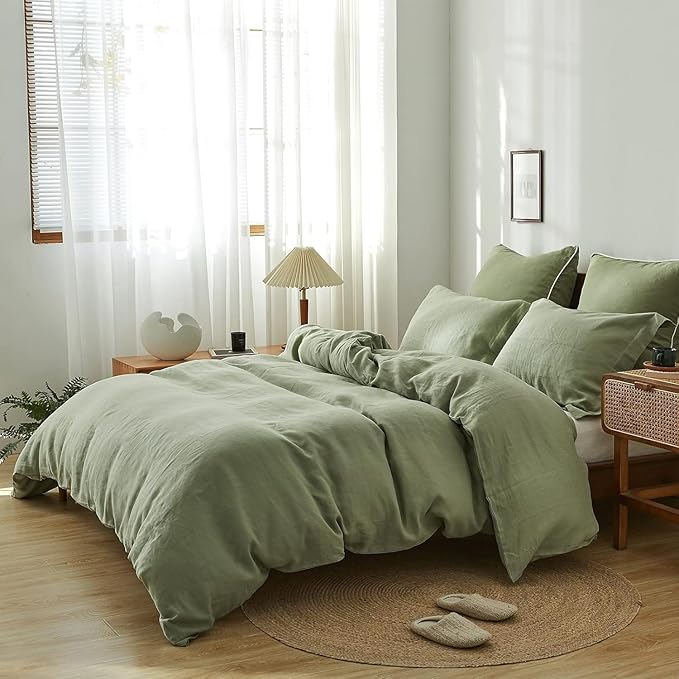 Simple&Opulence 100% Linen Duvet Cover Set 3pcs Natural French Basic Style Washed Flax Solid Color Breathable Soft Farmhouse Bedding with Button Closure (Sage Green, Full)