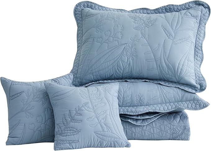 Botanical Oversized Bedspread King Size - Leaves Pattern Stitching Quilt Set - Elegant & Fresh Style Bedding Coverlets, Reversible, Lightweight, 5 Piece, Ashley Blue