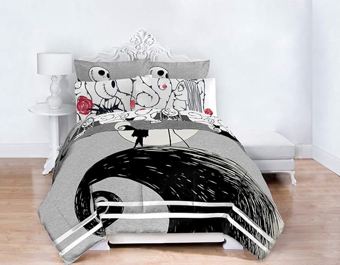 Jay franco Disney Nightmare Before Christmas Moonlight 7 Pc Jay franco Queen Bed Set-Includes Reversible Comforter&Sheet Set-Features Jack&Sally-Super Soft Fade Microfiber-(Official Disney Product)
