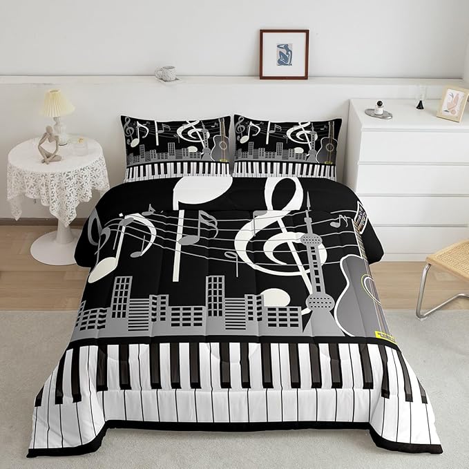 Erosebridal Paino Keys Bedding Set Full Size Musical Notes Comforter Set Guitar Rock Music Bedding Comforter for Kids Boys Teens Men Retro Black White Grey Quilt Duvet Bedroom Decor 3 Piece