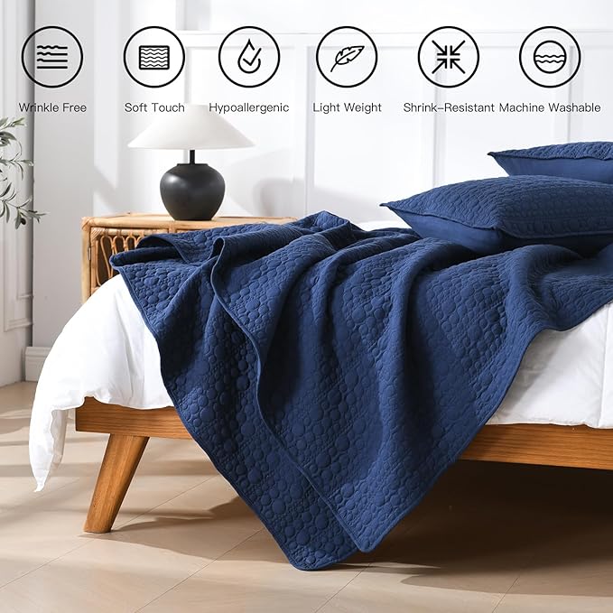 HORIMOTE HOME Quilt Set Queen Size Navy Blue, Classic Geometric Spots Stitched Pattern, Pre-Washed Microfiber Chic Rustic Look, Ultra Soft Lightweight Quilted Bedspread for All Season, 3 Pieces