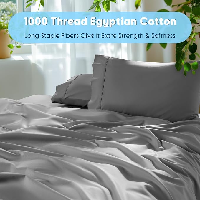 SONORO KATE 100% Egyptian Cotton Sheets Set, Extra Deep Pocket up to 18"-24",1000 High Thread Count, Soft & Breathable 5-Star Hotel Sateen Bed Sheets - 4 PC (Grey,King)